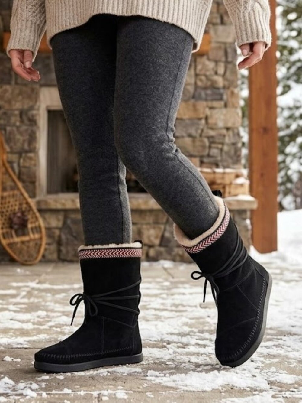Toms Nepal Women’s Black Suede Faux Fur Aztec Moccasin Size 8 Apres Ski Gorpcore